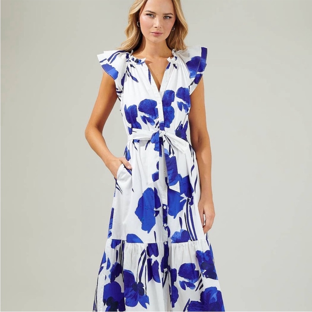 Sugarlips White Midi Dress with Bold Blue Floral Print